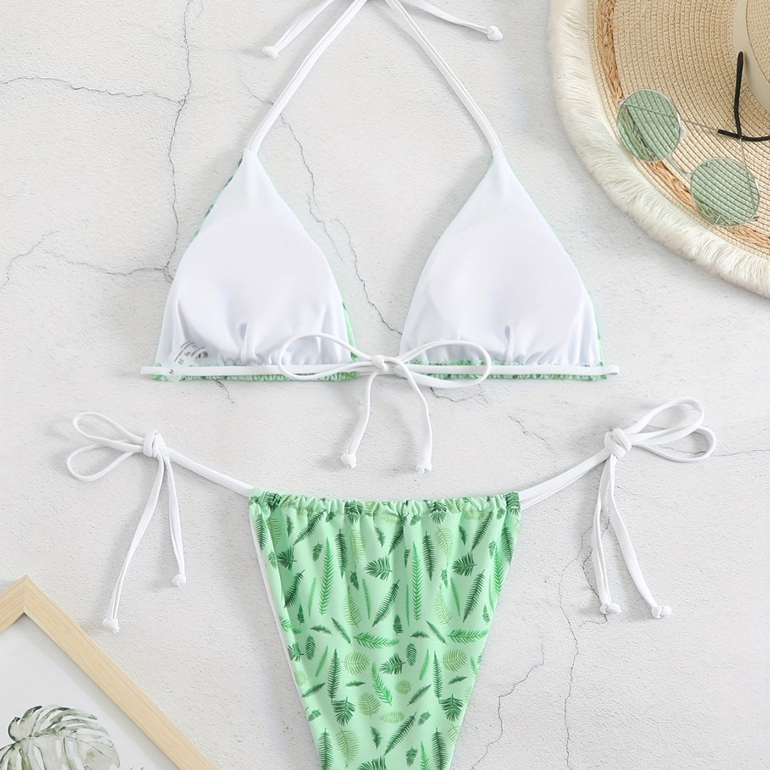 Damen trendiger Triangel-Bikini mit botanischem Muster EB