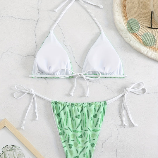 Damen trendiger Triangel-Bikini mit botanischem Muster EB