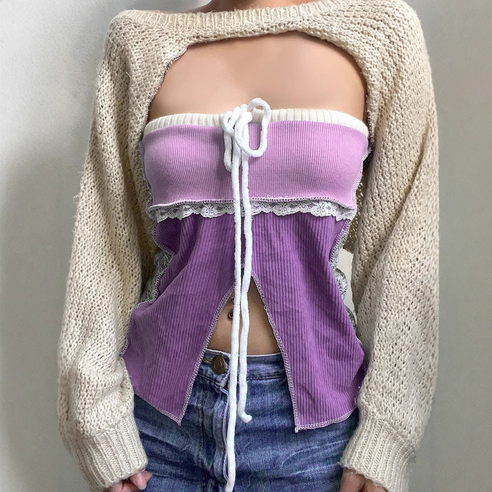 Damen Offshoulder Top mit Spitzenakzenten und Tasche EB