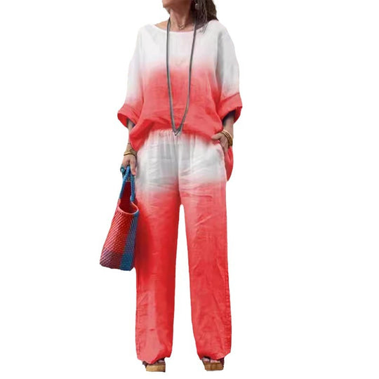 Damen lässiges Leinen-Outfit mit weiten Hosen und lockerer Bluse EB