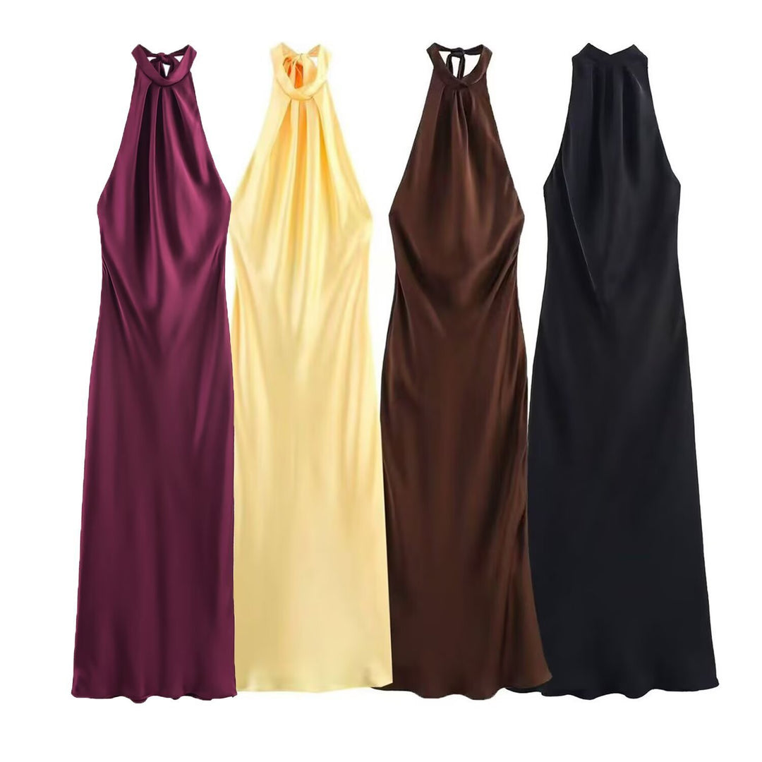 Damen Elegantes Maxikleid mit schimmerndem Wasserfallausschnitt und figurumspielendem Schnitt EB