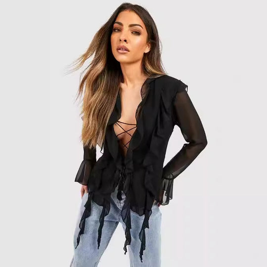 Damen Rüschenshirt mit eleganten Schnürdetails und transparenten Ärmeln EB