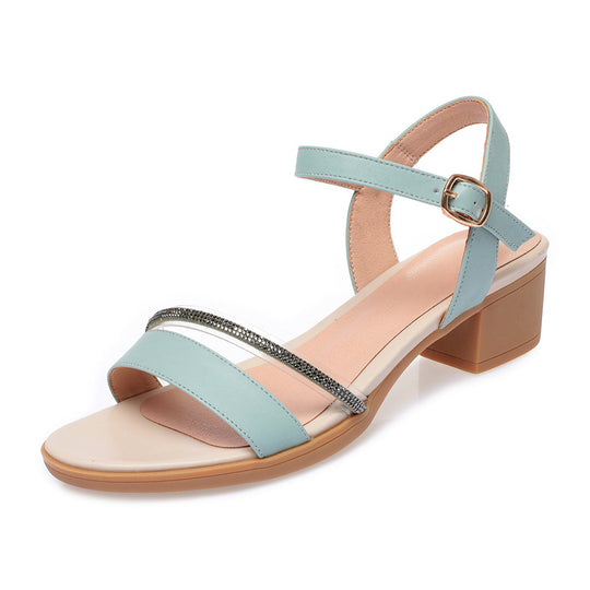 Damen elegante Blockabsatz Sandalen mit verstellbarem Riemen und modischem Schmuckdetail EB