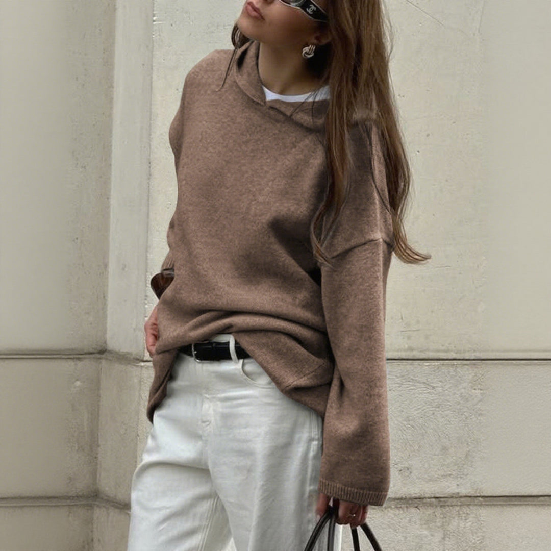 Damen nan Oversize-Polo-Feinstrickpullover mit umgelegtem Kragen und Raglanärmeln EB