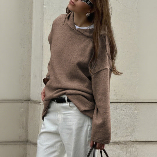 Damen nan Oversize-Polo-Feinstrickpullover mit umgelegtem Kragen und Raglanärmeln EB