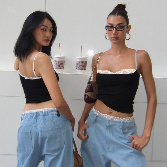 Damen Crop-Top mit zartem Spitzenrand und schmalen Trägern EB