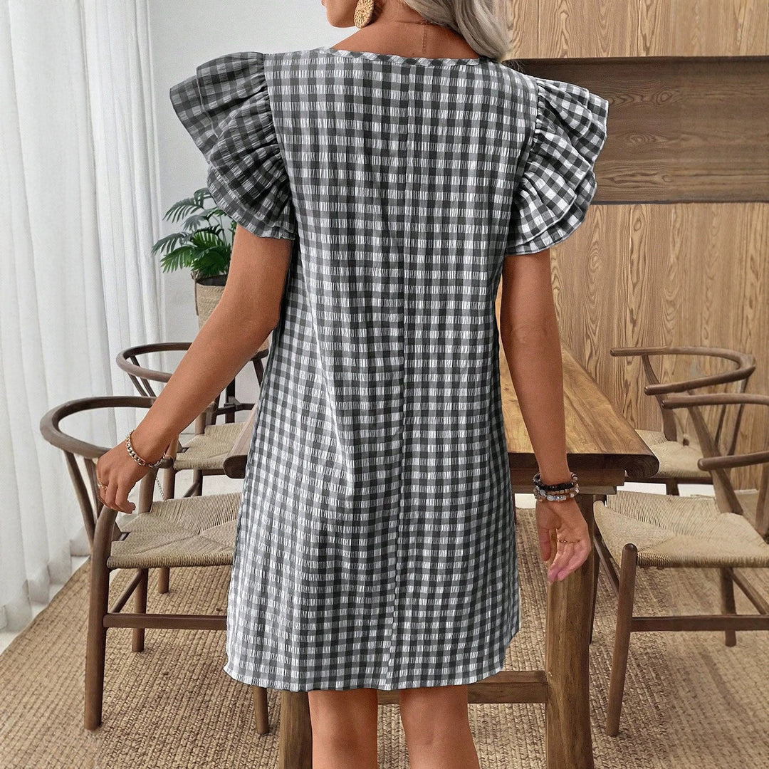 Damen Kurzarmkleid im modernen Vichy-Design mit Rüschendetails EB