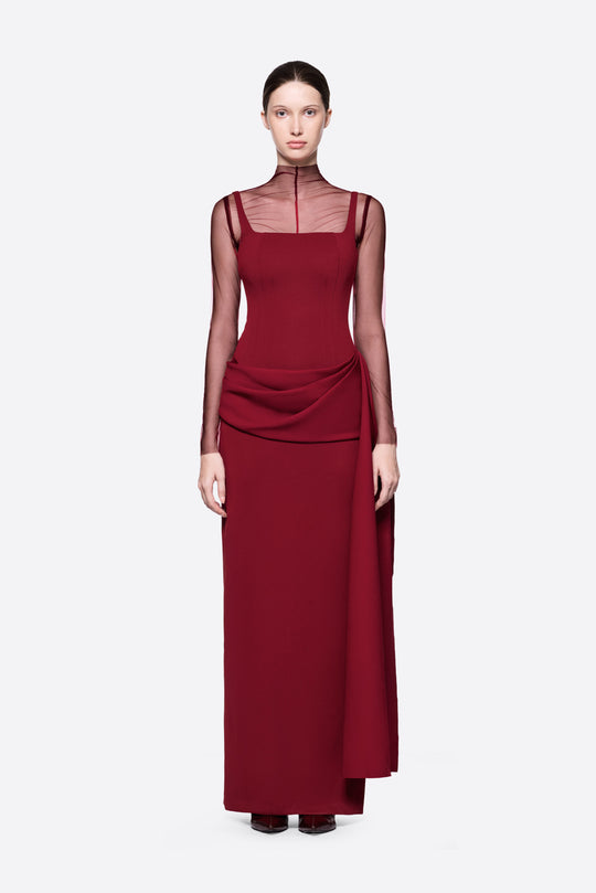Damen Elegantes Maxikleid mit transparenten Ärmeln und drapiertem Rock EB