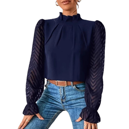 Damen Elegante Chiffonbluse mit Stehkragen, Faltenkante und transparenten Jacquard-Ärmeln EB