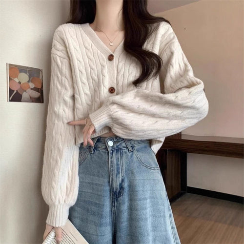 Damen kuscheliger Strickcardigan mit V-Ausschnitt und großen Knöpfen EB