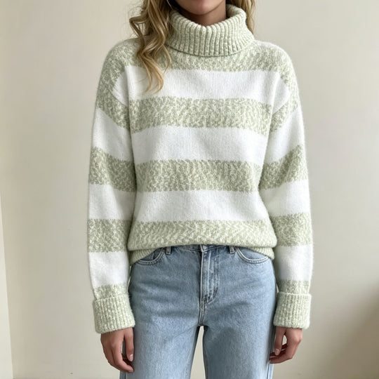 Damen Rollkragenpullover mit breiten Streifen und strukturiertem Bouclé-Strick EB