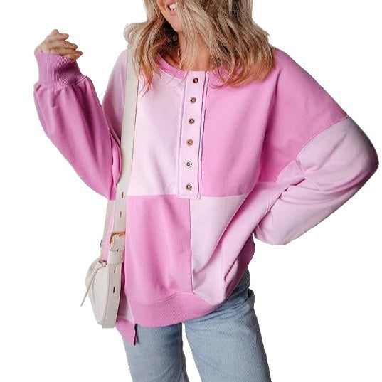 Damen lässiger Kapuzenpullover mit Knopfdetails und Farbblockdesign EB