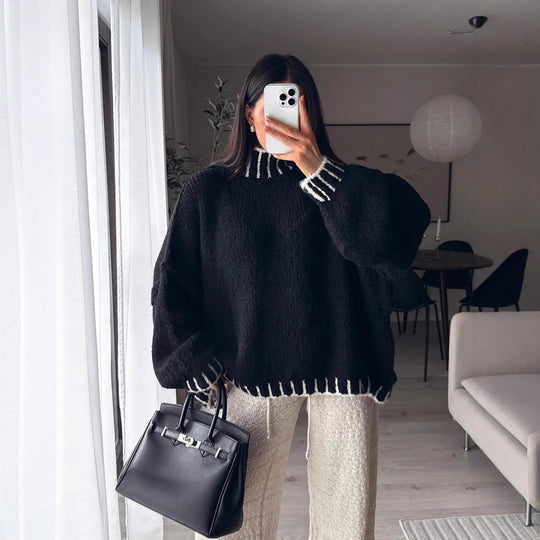 Damen lässiger Grobstrickpullover mit voluminösen Ärmeln und hohem Kragen EB