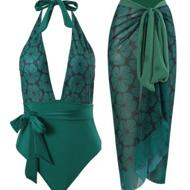 Damen eleganter Einteiler Badeanzug mit floralem Wickelrock EB