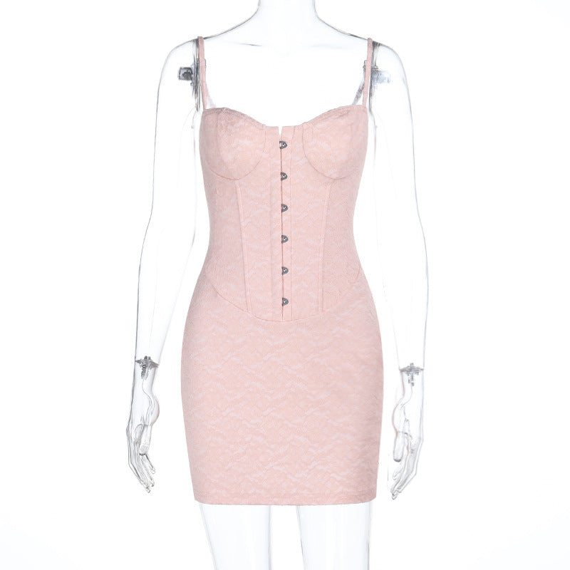 Damen minimalistisches Korsettkleid mit eleganter Knopfleiste und Spitzenakzenten EB