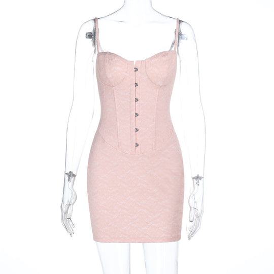 Damen minimalistisches Korsettkleid mit eleganter Knopfleiste und Spitzenakzenten EB