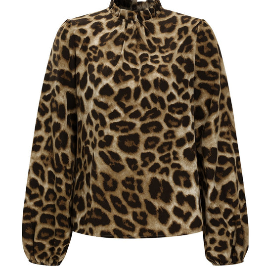 Damen Bluse mit elegantem Leopardenmuster und Rüschenkragen EB