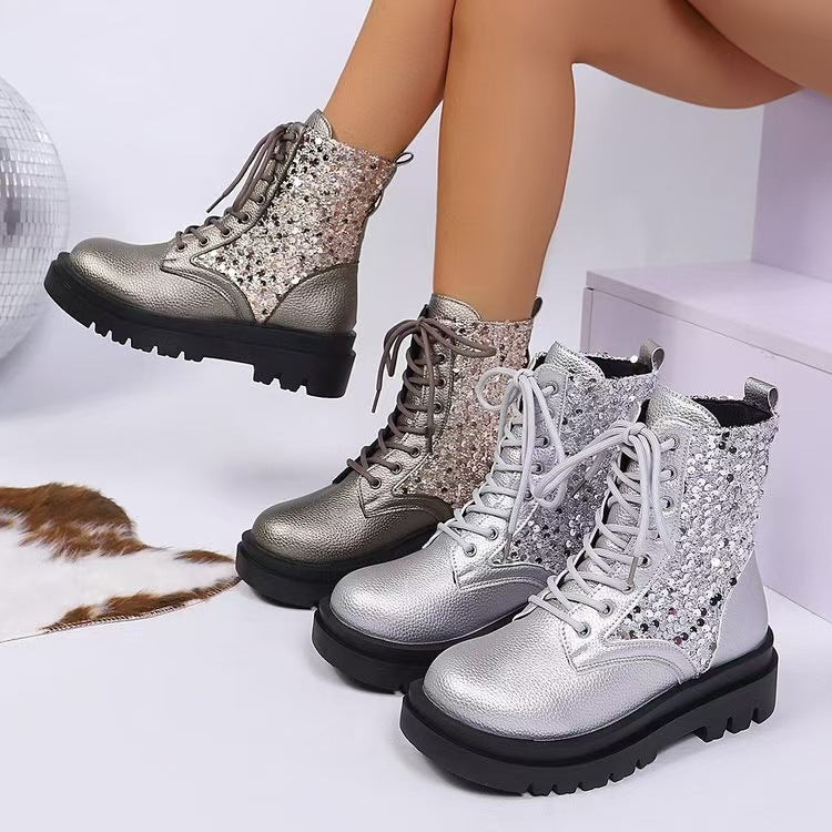 Damen  glitzernde Schnür-Bikerboots mit robust profilierter Sohle und metallisch genarbter Oberfläche EB