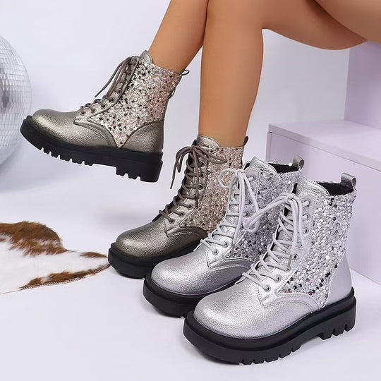 Damen  glitzernde Schnür-Bikerboots mit robust profilierter Sohle und metallisch genarbter Oberfläche EB