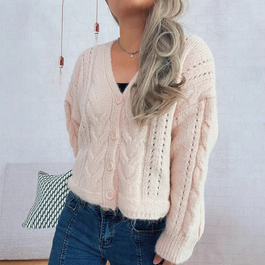 Damen kuschelige Strickjacke mit Zopfmuster und V-Ausschnitt EB
