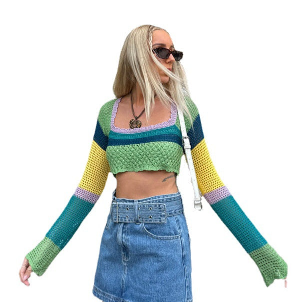 Damen luftiges gehäkeltes Crop-Top mit auffälligem Streifenmuster EB