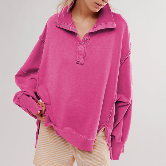 Damen Oversize Pullover mit Kragen und Druckknöpfen EB