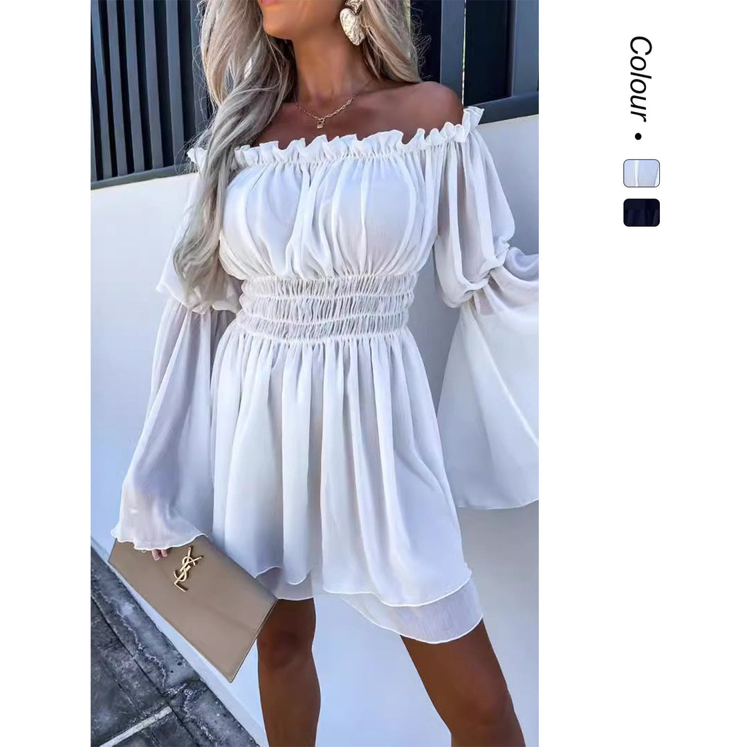 Damen Off-Shoulder Minikleid mit elastischem Taillenband und fließendem Stoff EB