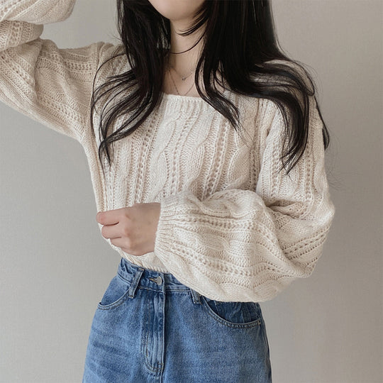 Damen modischer Strickpullover mit Kabelmuster und weitem Schnitt EB