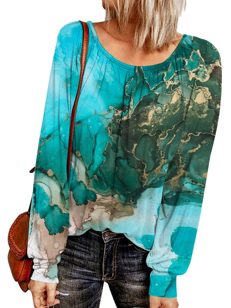Damen Ethno-Print Oversize-Tunika mit Rundhalsausschnitt und langen Ballonärmeln EB