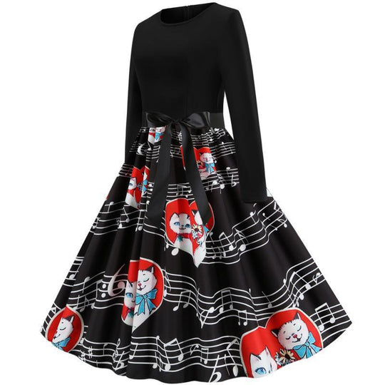 Damen Retro Swing-Kleid im Vintage-Stil mit A-Linie, langärmlig und Taillenschleife EB
