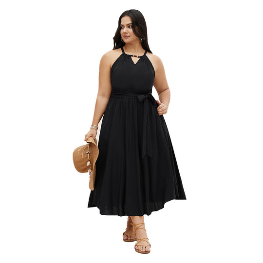 Damen Midikleid mit verstellbarem Träger und elastischem Taillengürtel EB