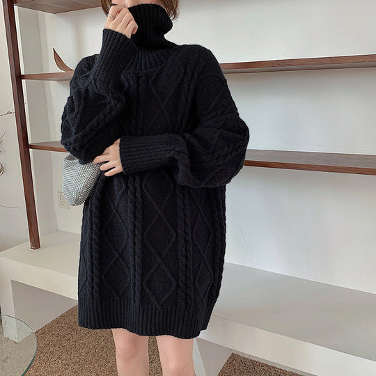 Damen Langer Strickpullover mit dickem Zopfmuster und Stehkragen EB