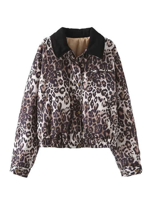 Damen Kunstlederjacke mit attraktivem Leopardenmuster und elastischem Bund EB