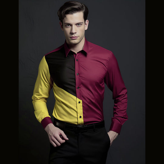 Herren Langarmhemd mit geometrischem Farbblock-Design und modernem Kragen EB