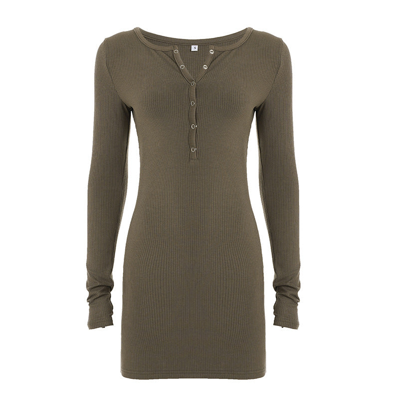 Damen nan figurbetontes Ripp-Strickkleid mit Henley-Knopfleiste und langem Arm EB