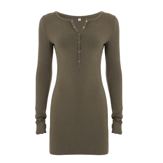 Damen nan figurbetontes Ripp-Strickkleid mit Henley-Knopfleiste und langem Arm EB