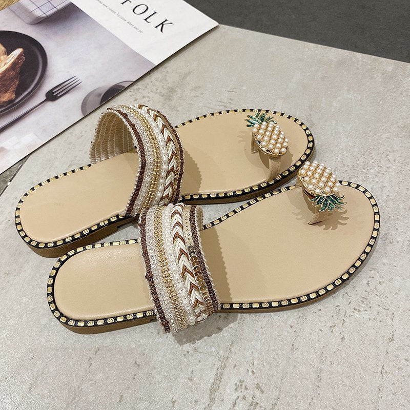 Damen Riemchen-Sandalen mit dekorativem Rüschendetail und Perlenschmuck EB