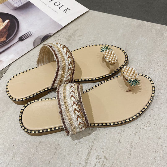 Damen Riemchen-Sandalen mit dekorativem Rüschendetail und Perlenschmuck EB