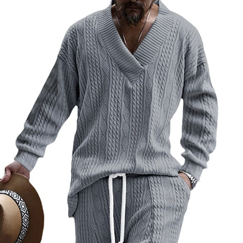 Herren nan grob gestrickter V-Ausschnitt-Pullover mit Zopfmuster und relaxed Fit EB