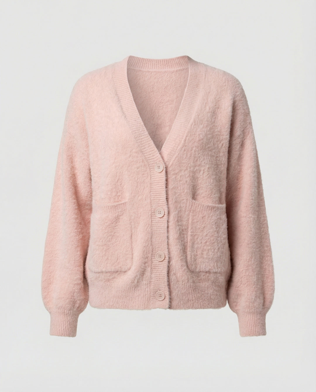 Damen flauschiger Oversize-Cardigan mit V-Ausschnitt, großer Knopfleiste, aufgesetzten Taschen und Ballonärmeln EB