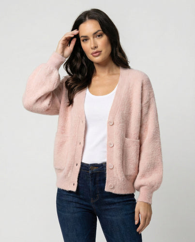 Damen flauschiger Oversize-Cardigan mit V-Ausschnitt, großer Knopfleiste, aufgesetzten Taschen und Ballonärmeln EB