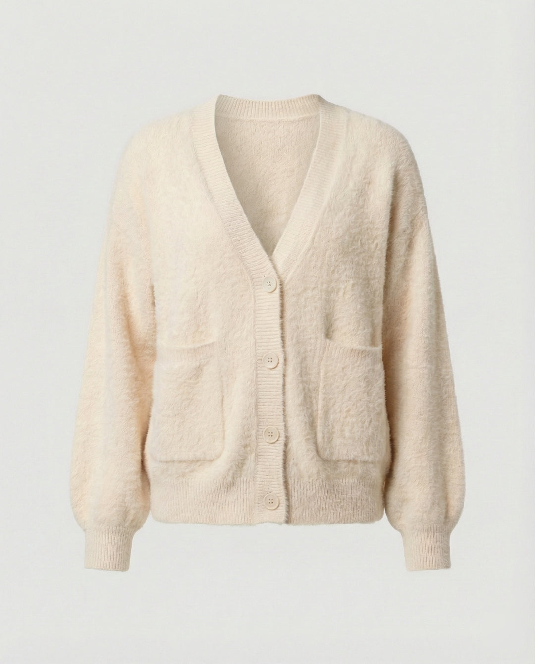 Damen flauschiger Oversize-Cardigan mit V-Ausschnitt, großer Knopfleiste, aufgesetzten Taschen und Ballonärmeln EB