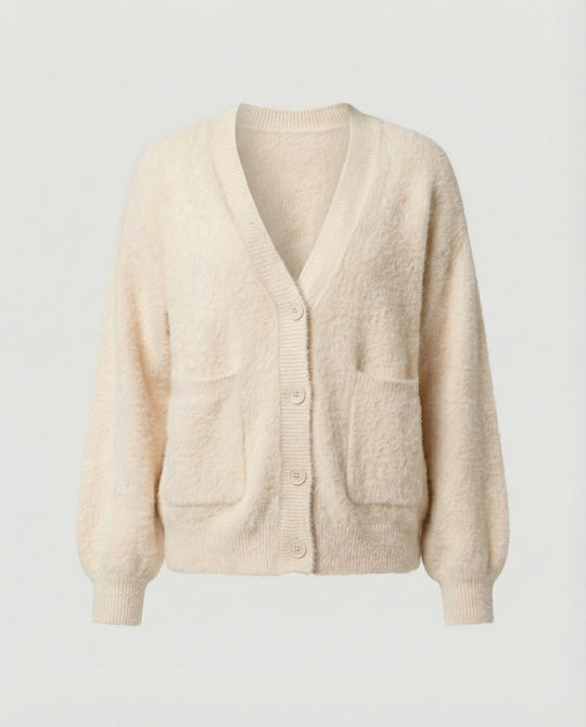Damen flauschiger Oversize-Cardigan mit V-Ausschnitt, großer Knopfleiste, aufgesetzten Taschen und Ballonärmeln EB