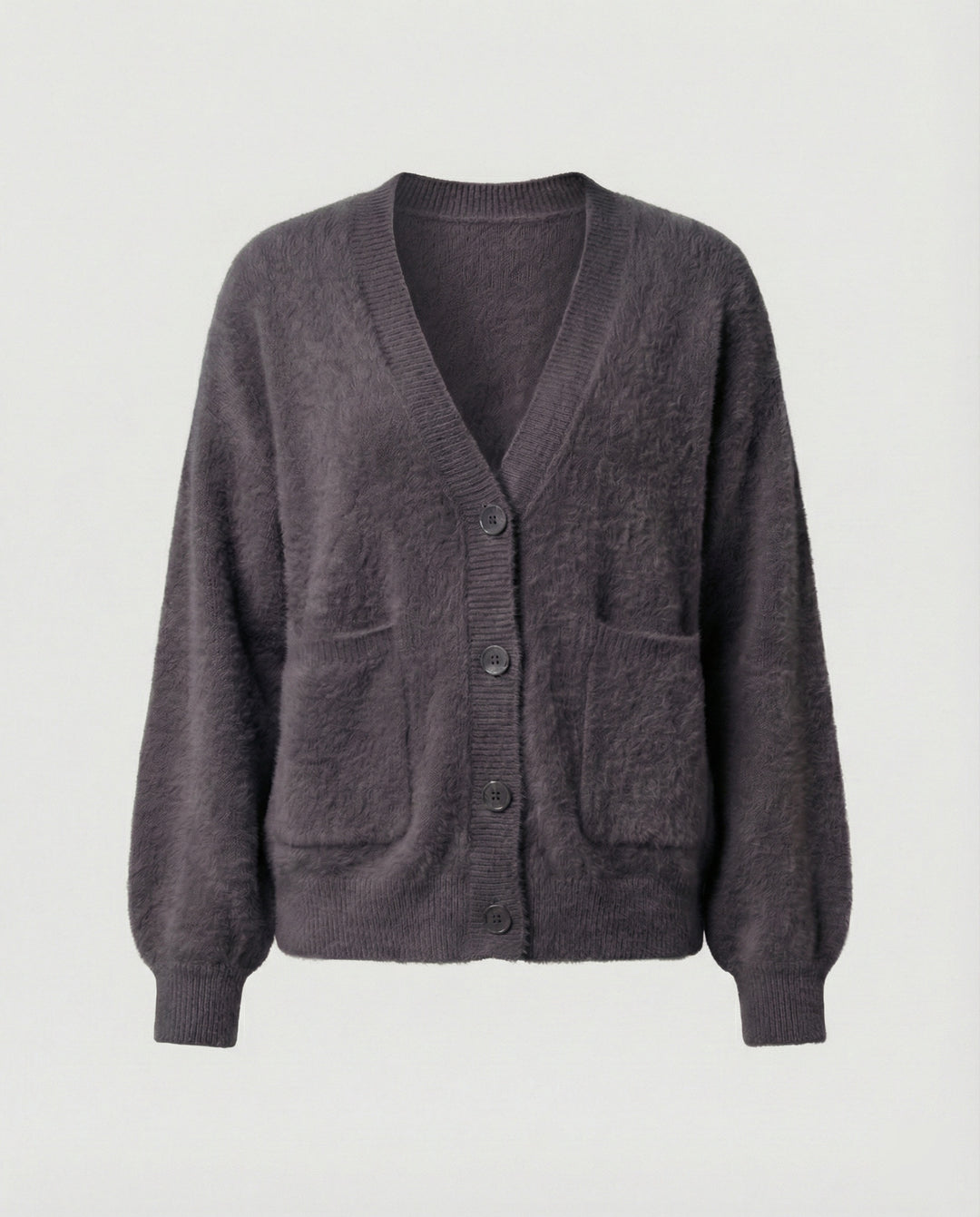 Damen flauschiger Oversize-Cardigan mit V-Ausschnitt, großer Knopfleiste, aufgesetzten Taschen und Ballonärmeln EB