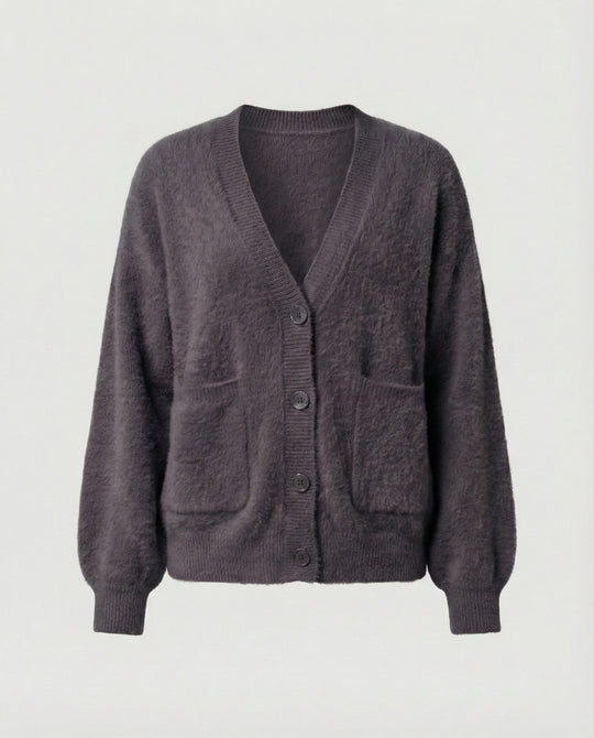 Damen flauschiger Oversize-Cardigan mit V-Ausschnitt, großer Knopfleiste, aufgesetzten Taschen und Ballonärmeln EB