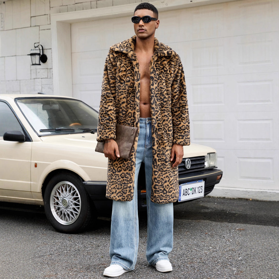 Herren Luxus Kunstpelzmantel mit Leopardenmuster EB