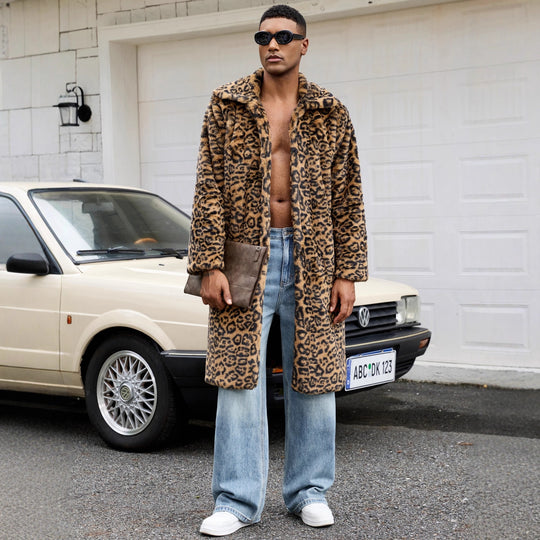 Herren Luxus Kunstpelzmantel mit Leopardenmuster EB