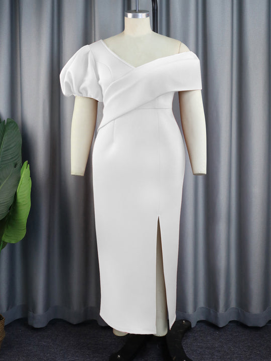 Damen Elegantes, figurbetontes Abendkleid mit asymmetrischem Ausschnitt und Puffärmeln EB
