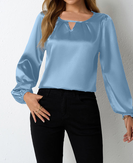 Damen elegante Satinbluse mit verspieltem Schlüsselausschnitt EB