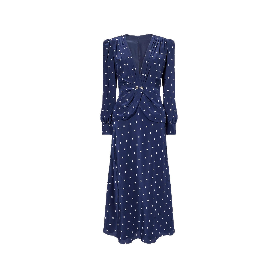 Damen Midikleid mit Punkteprint, tiefem V‑Ausschnitt, Wickelraffung und langen Ärmeln EB